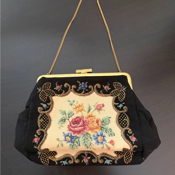 None Handbags - Vintage Floral Needlepoint Clutch Black Satin Gold Frame Chain Strap